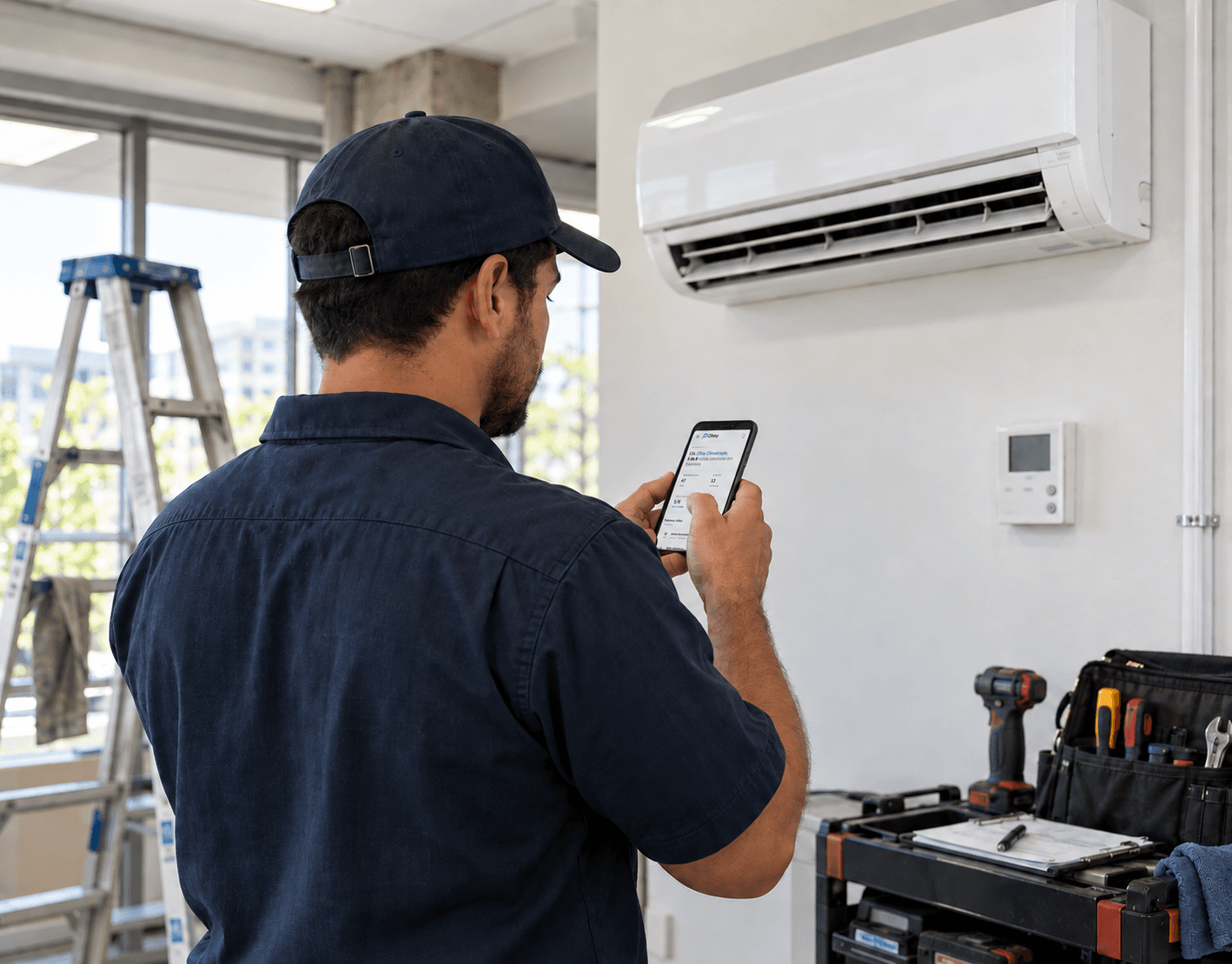 Técnico consultando o dashboard do Climy no celular ao lado de um ar-condicionado split